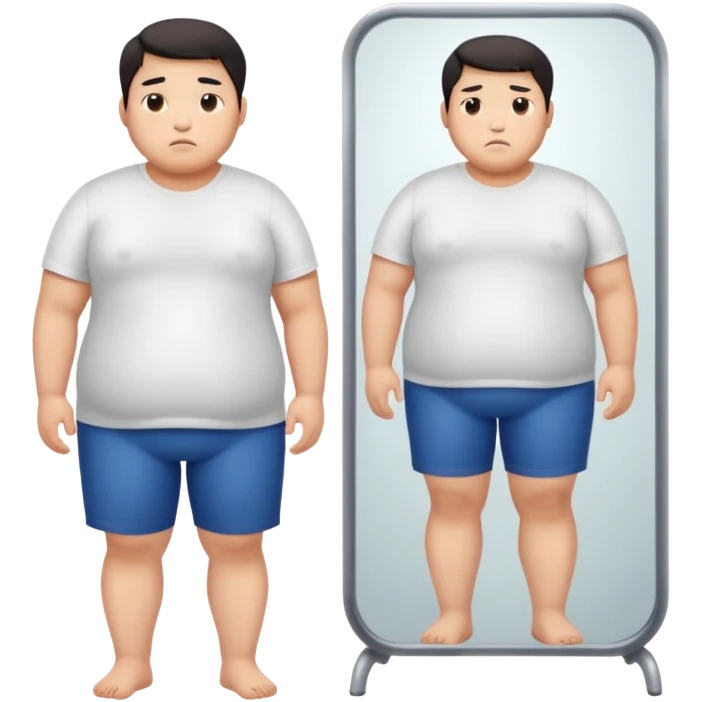 A young Asian guy looks sadly at his overweight body in the full-length mirror. emoji