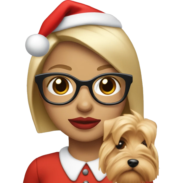 blonde woman, blue eyes wearing red santa hat and glasses and red lips holding Yorkshire terrier  emoji