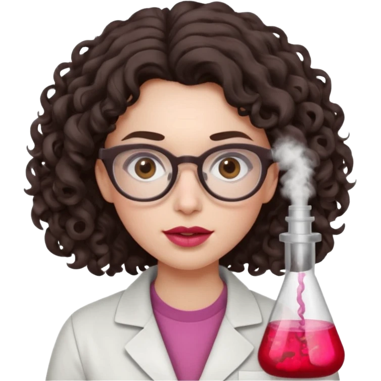 A crazy female scientist, with curly-wavy dark brown medium lenght hair, brown eyes and light grey glasses and pale skin and pinkish lips, dressed to look like an english teacher but in neutral tones like grey black white, maybe with the pop of dark red, she should look slighltly insane emoji