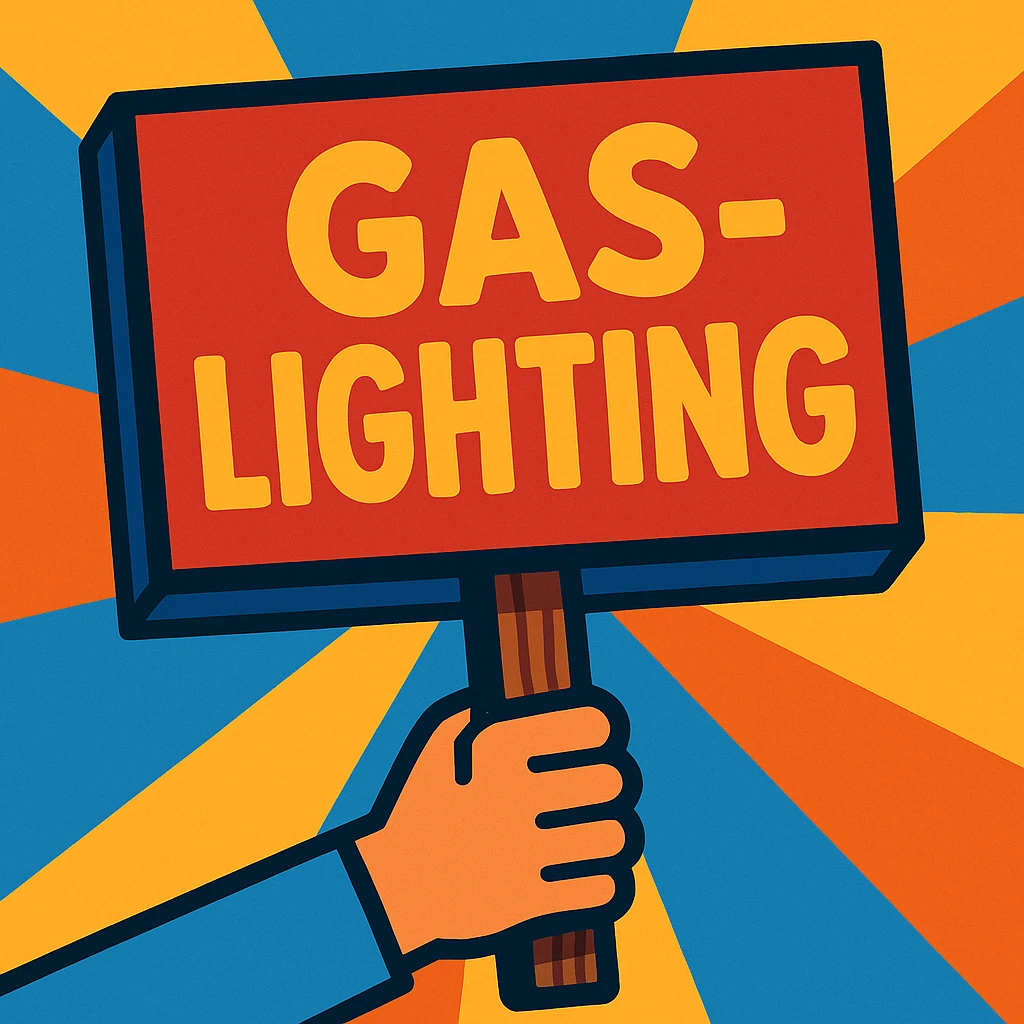 a protest sign with the word 'Gaslighting', cartoon style, bold colors emoji