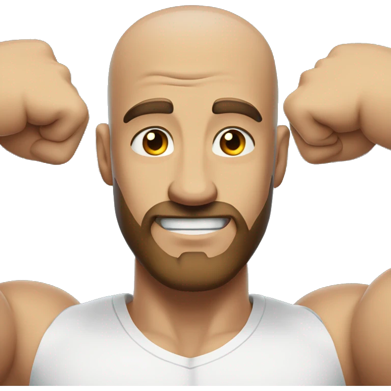 Close up man flexing muscles in a white shirt, bald, brown beard emoji