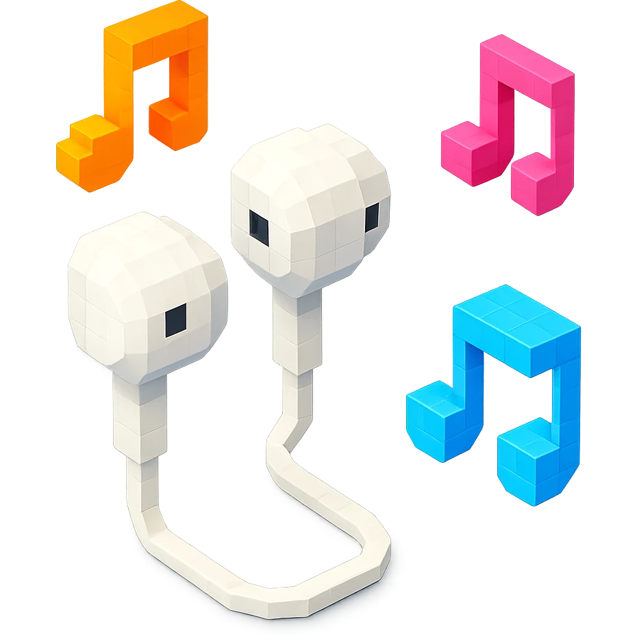 white EarPods headphones with a playful twist, surrounded by music notes emoji