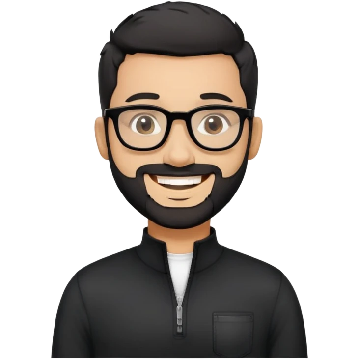 Light-skinned man with very short black hair, short salt and pepper beard, big black glasses frames, happy smile, black long sleeve zip-neck shirt emoji