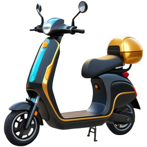 An icon featuring a sleek electric scooter parked on a scenic path. The background showcases a vibrant city park with green trees, flowers, and a clear blue sky. The sun sets in the distance, casting a warm golden glow on the landscape. Transparent background emoji
