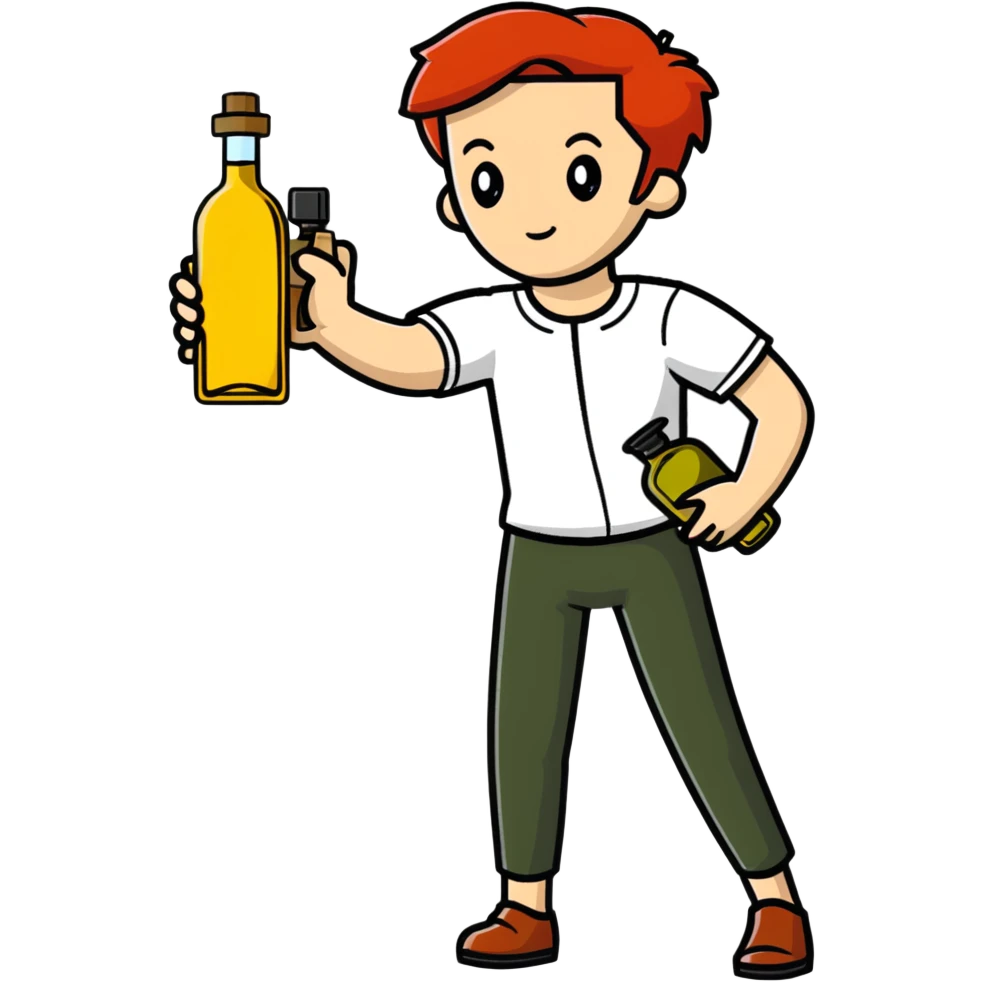 redhead person holding olive oil bottle like a pistol, action pose emoji