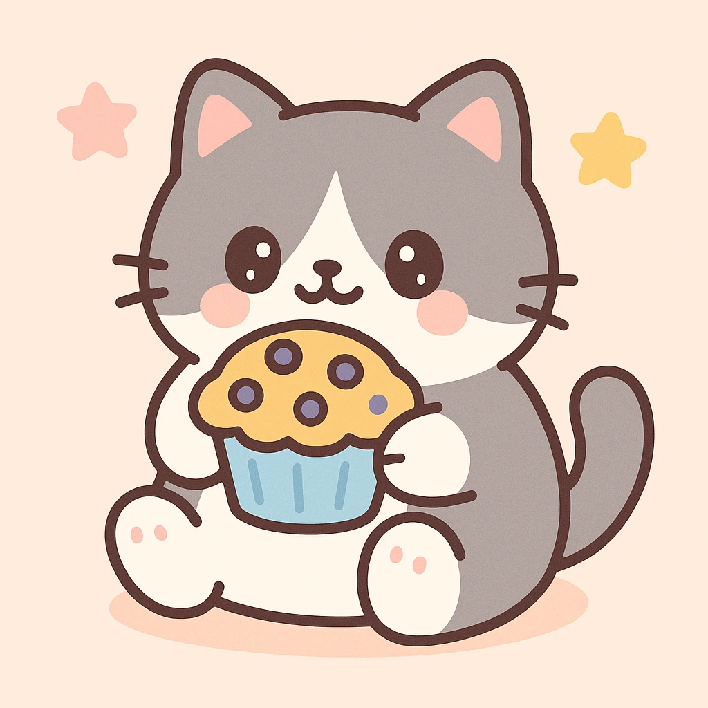 a chubby grey and white cat eating a blueberry muffin, soft, friendly, cute style emoji