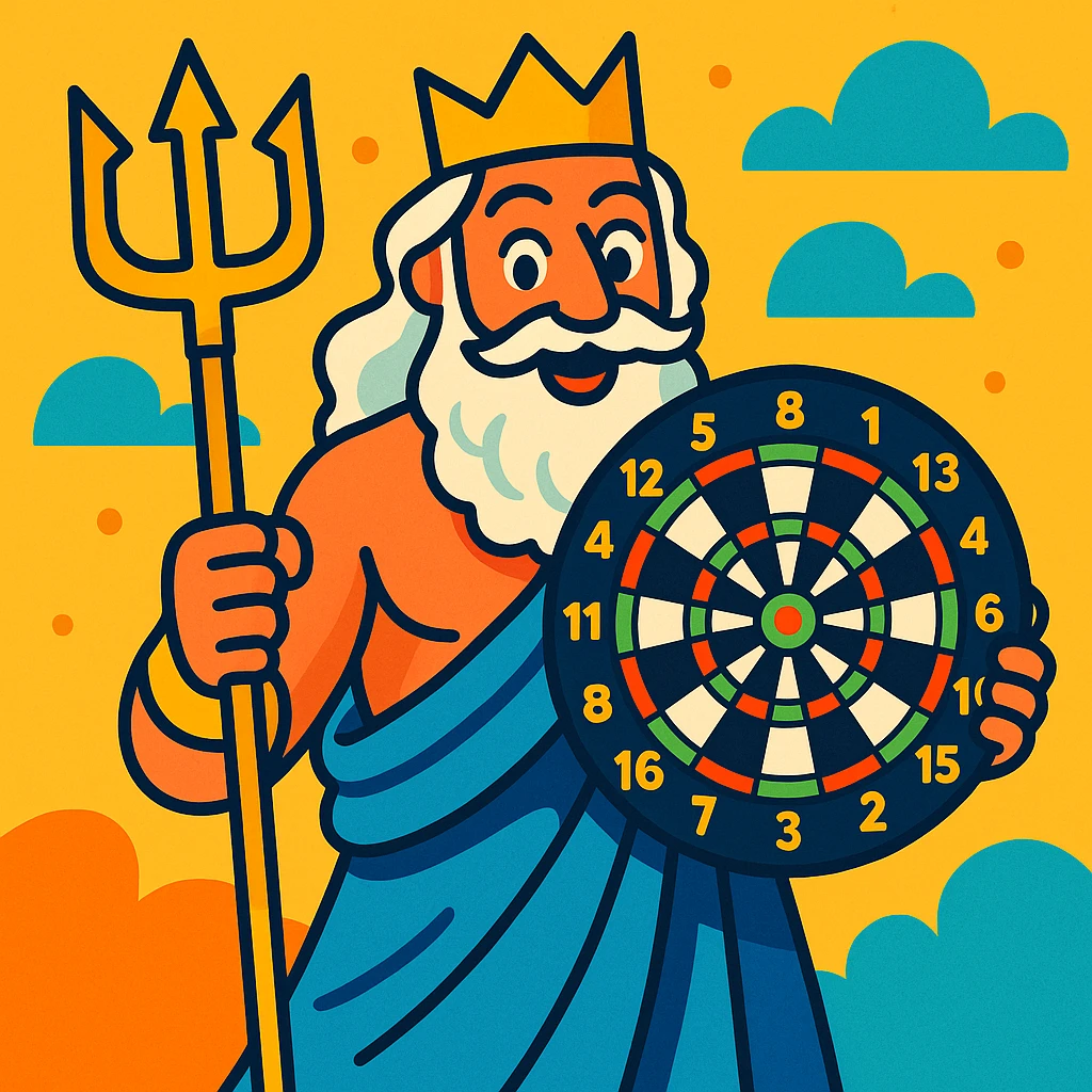 Neptune holding a dartboard, vibrant and playful style emoji