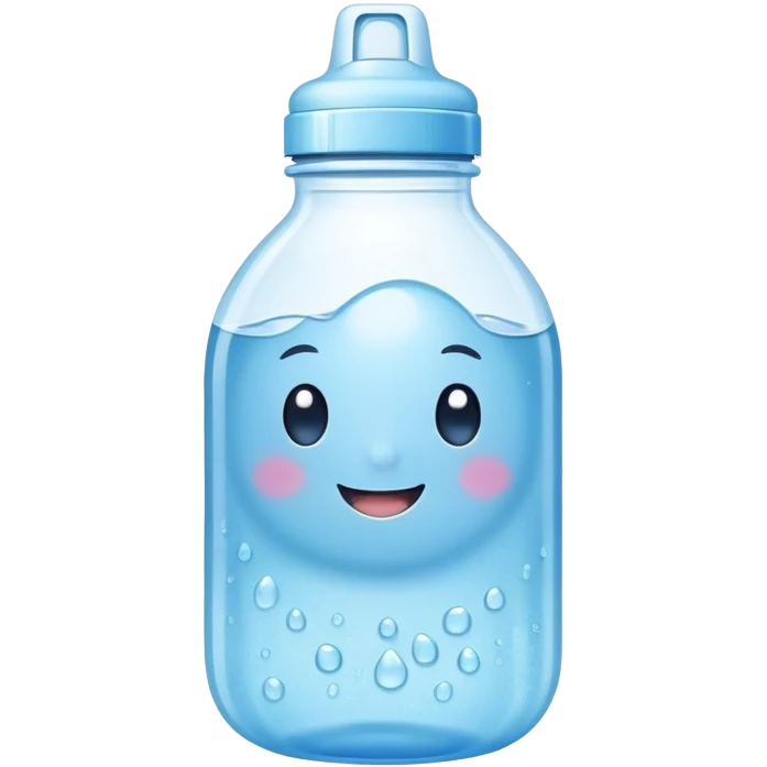 Cute Kawaii Water Bottle, round and bubbly, soft blue with tiny water droplets around, a happy smiling face, gentle glowing highlights, fresh and refreshing vibes! emoji