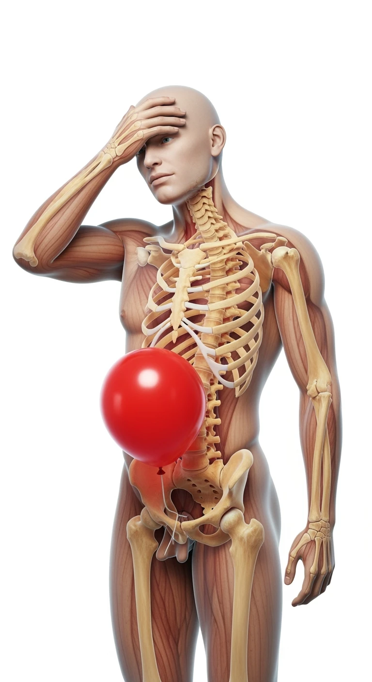 corpo umano anatomico realistico con spina dorsale anatomica in evidenza e palloncino rosso sulla pancia, si tiene una mano sulla fronte disperata per la pancia gonfia, iperrealistica 4k, isolato su sfondo bianco emoji