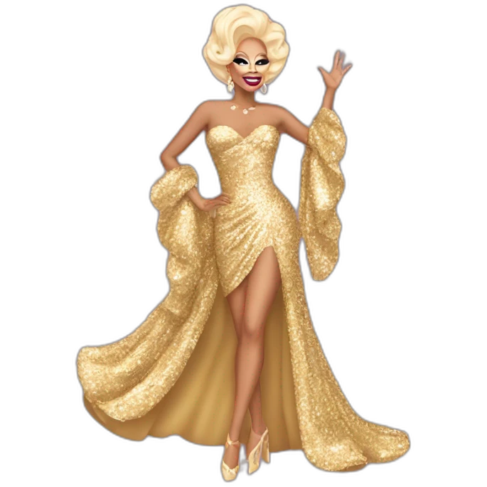 Rupaul’s drag race, drag queen, sequin dress, holding right arm in the air emoji