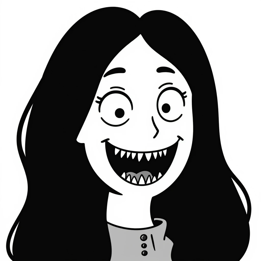 japanese horror style woman with extremely long black hair, pale white face, wide unblinking eyes, and a distorted mouth filled with hundreds of sharp jagged teeth emoji