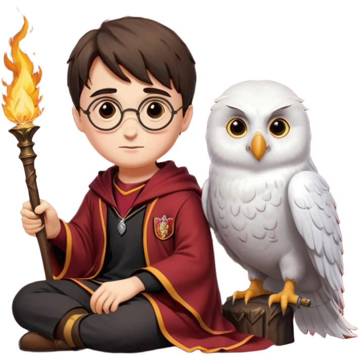 harry potter in gryfinndor uniforn sitting on firebollt hedwig sitting on hand emoji
