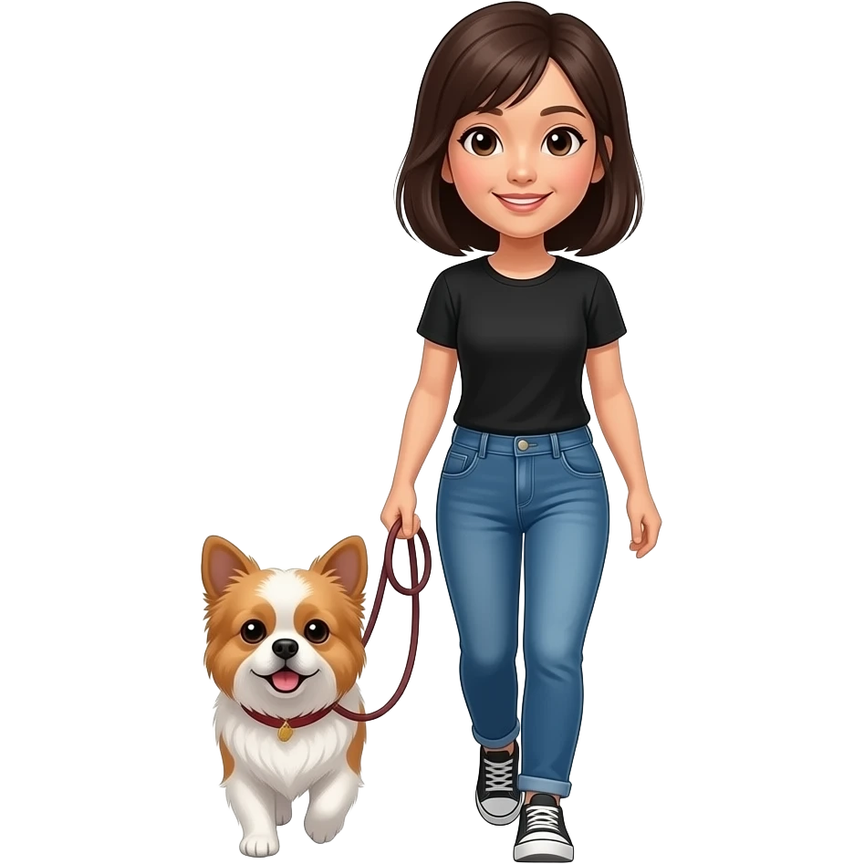 An Asian woman with medium dark brown hair, wearing a black T-shirt and blue jeans is walking with a Shih Tzu emoji