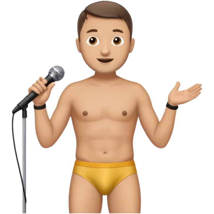 Tim Robinson on stage in low-rise briefs, holding a microphone emoji