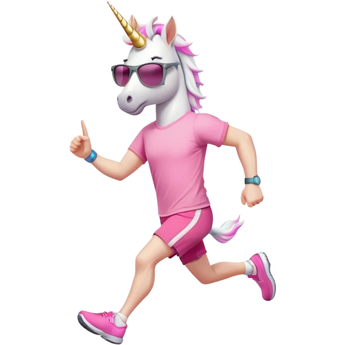 friendly anthropomorphised male white unicorn in grey shorts and pink t-shirt, wearing dark sunglasses, jogging upright in a relaxed pose emoji