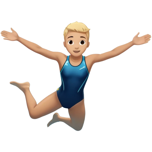 A young person leaps boldly into a sparkling pool named “Confidence,” arms wide, surrounded by skilled divers mid-air. Though less experienced, their fearless energy shines, symbolizing the courage to grow alongside greatness. emoji