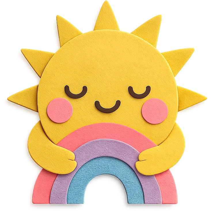 cute bright yellow sun, hugging tiny rainbow arc, soft pastel colors, no limbs, transparent background, full body, paper craft style emoji