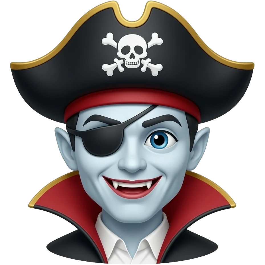 A yellow classic emoji but it's a smiling vampire with a pirate hat emoji