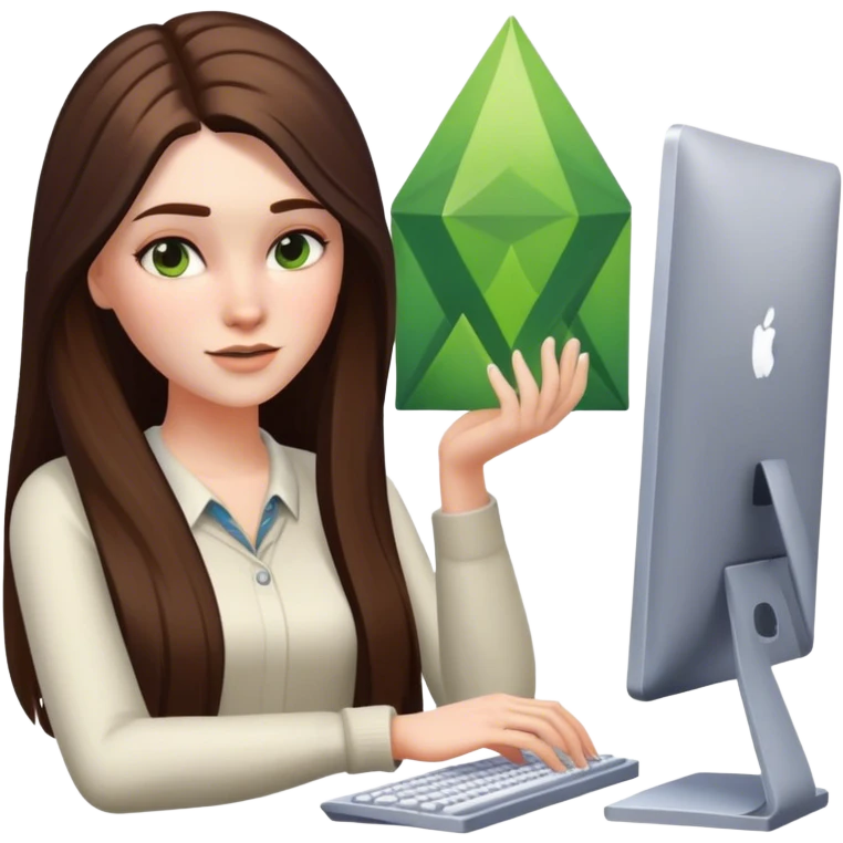 beautiful pale brunette girl with long hair playing the sims4 on her computer  emoji