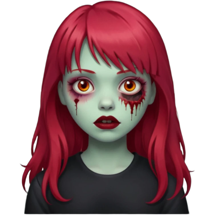 Uma menina de franja cheia, cabelos vermelho zumbi emoji