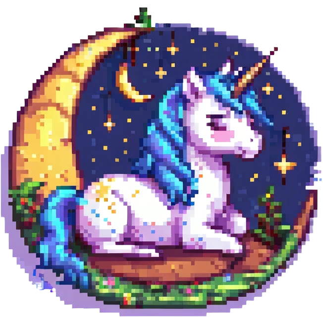 colorful baby unicorn sleeping on a crescent moon, pixel art style emoji