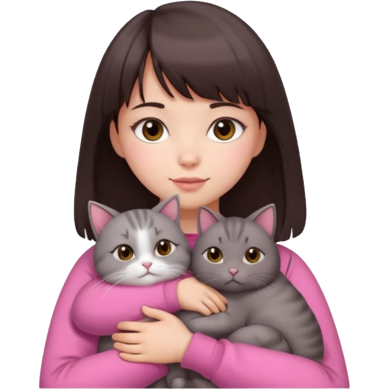 beautiful woman with dark brown straight hair and bangs, brown eyes wear a pink clothes, and white skin hugs a cute chubby cat emoji