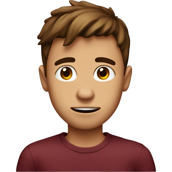 A stupid boy wearing a maroon shirt and the shirt says pee pee head and he has brown hair  emoji