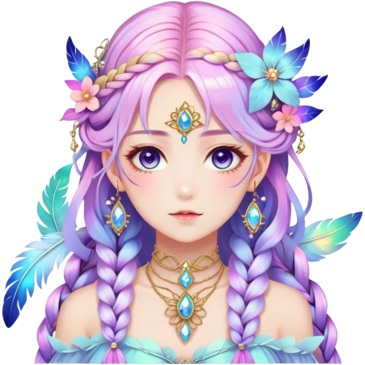 Beautiful gorgeous anime lady with beautiful iridescent-nebula-braided-hair, fashion aesthetic, ethereal, fairycore, pastelcore, feathers, flowers, gems, accessories, jewelries, gold, colorful emoji