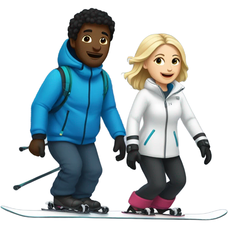 A black man snowboarding and a white dark haired woman skiing  emoji