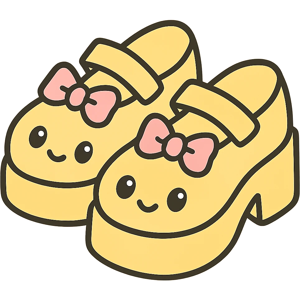 Make the shoes pastel yellow with black and pink accents, kawaii style, no socks, no hearts, transparent background emoji