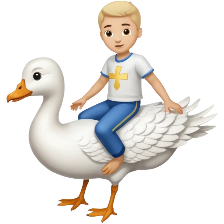 A boy in a Ukrainian white embroidered shirt flies on a white goose emoji