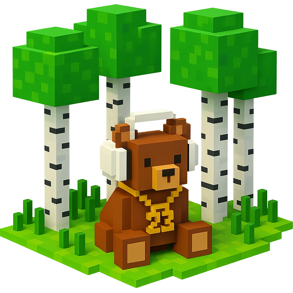 березовый лес, в котором сидит бурый медвежонок в белых наушниках (наушники должны закрывать уши медведя), на медведе цепь с подвеской "23", no background  emoji