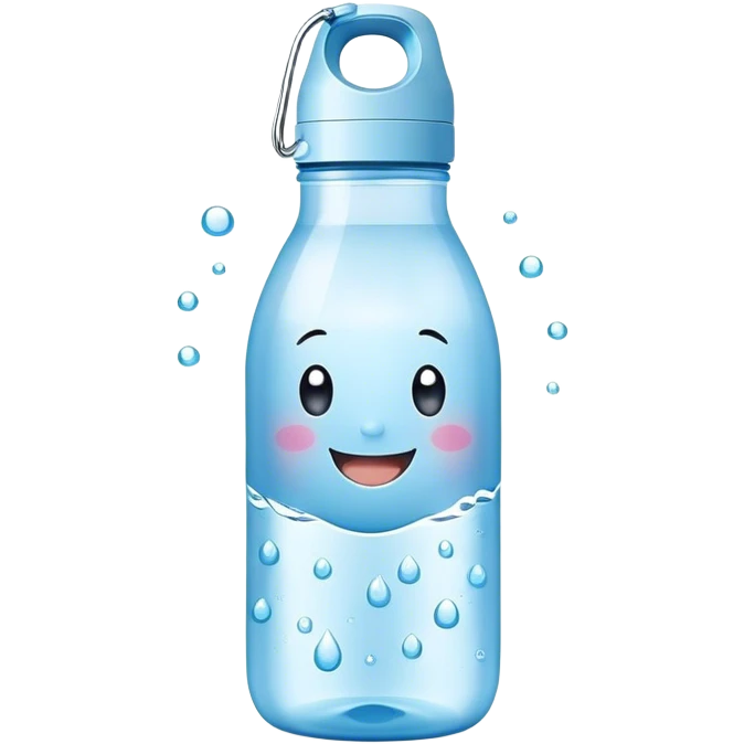 Cute Kawaii Water Bottle, round and bubbly, soft blue with tiny water droplets around, a happy smiling face, gentle glowing highlights, fresh and refreshing vibes! emoji