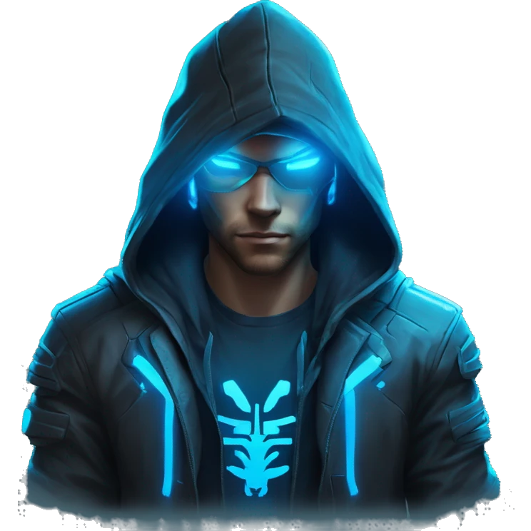developer behind his laptop with this style : crysis Cyberpunk Valorant neon glowing bright blue character blue black hooded assassin themed character emoji