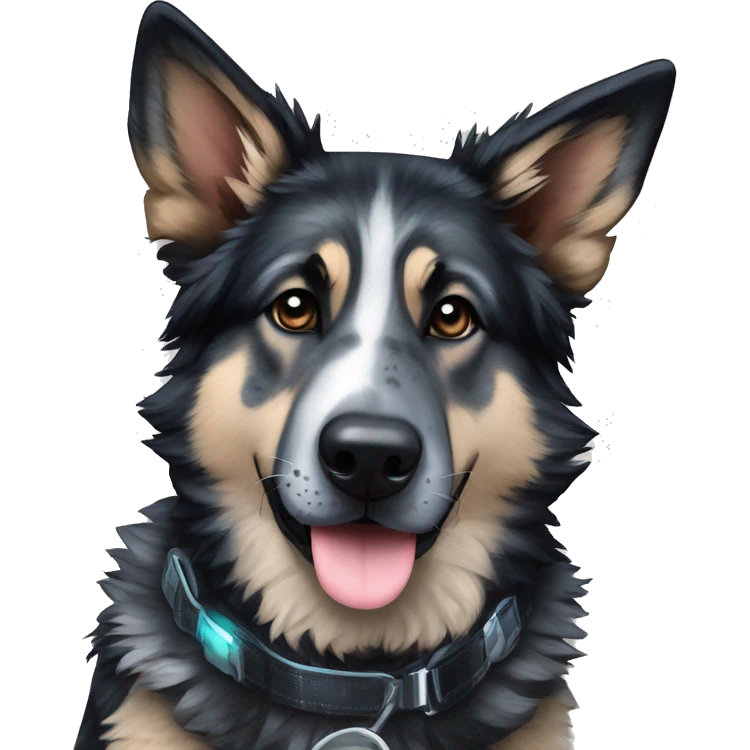  Black spotted brindle German shepherd husky fluffy ears and holographic harness running emoji