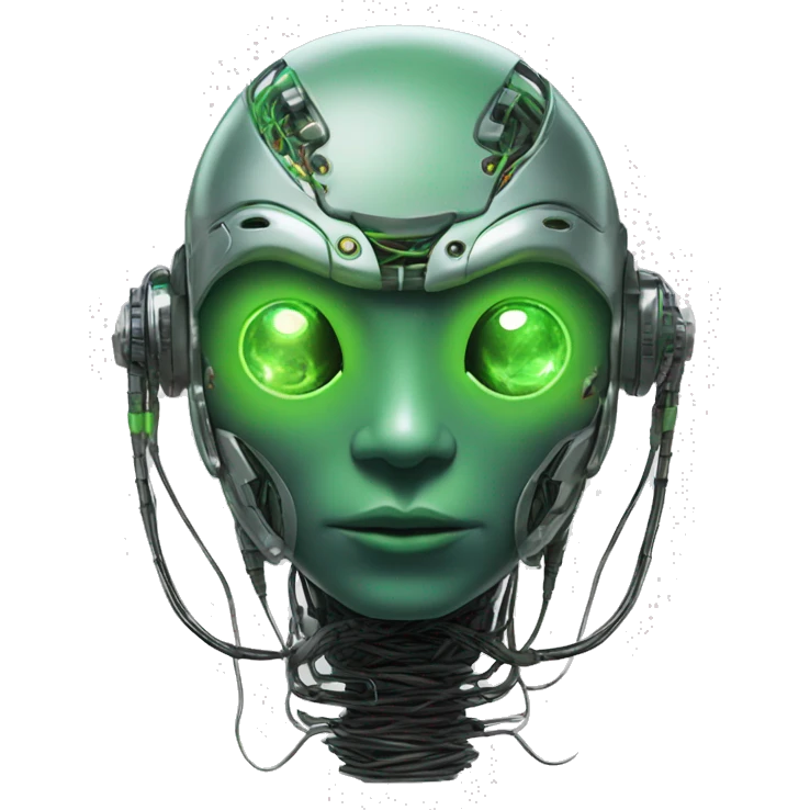 Round Alien cyborg head with glowing wires and green eyes  emoji
