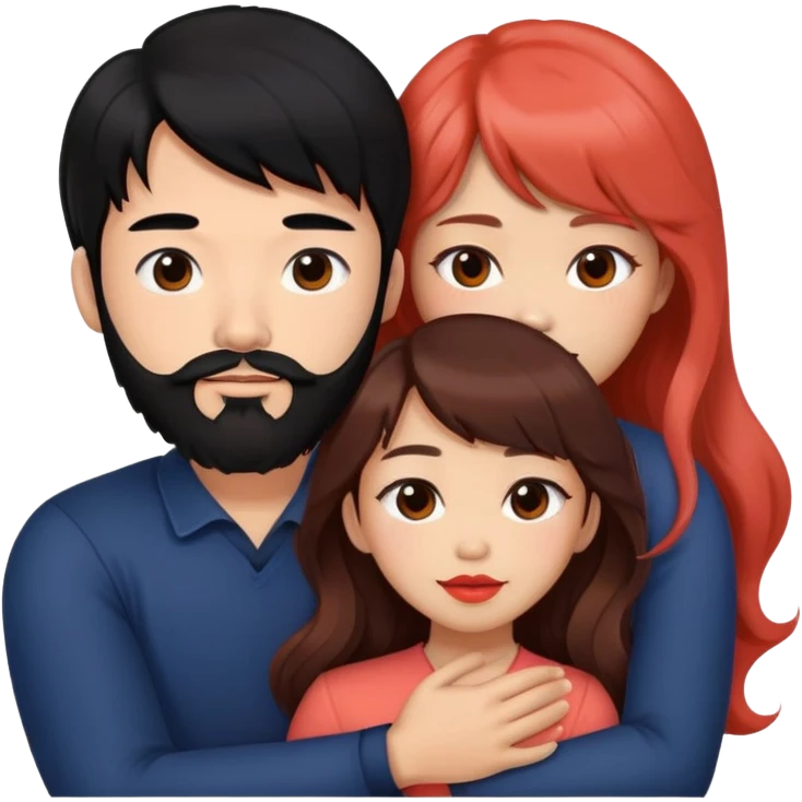 mean handsome asian man with black hair and beard, hugging cute woman with tan skin and long wavy reddish brown hair with bangs and coral lipstick emoji