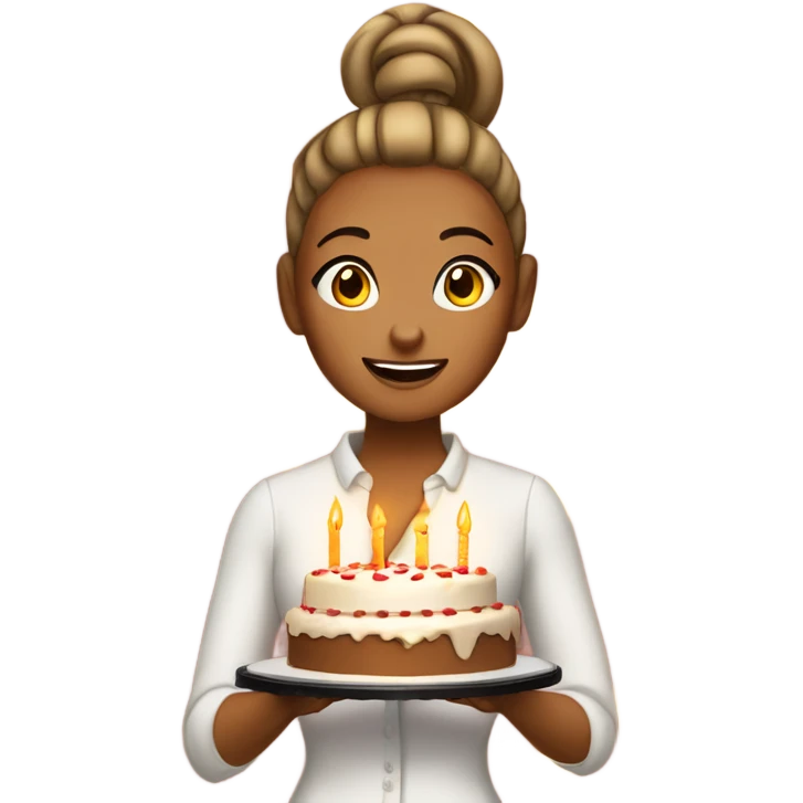 tanned girl with a ponytail bun holding a large cake with the candles lit singing emoji