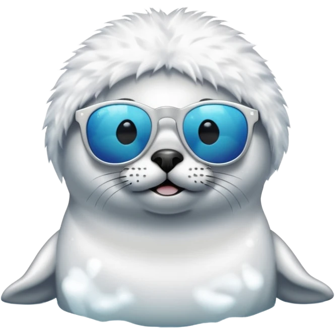 A fluffy, all white, tiny Seal having fun in lake while wearing sunglasses emoji