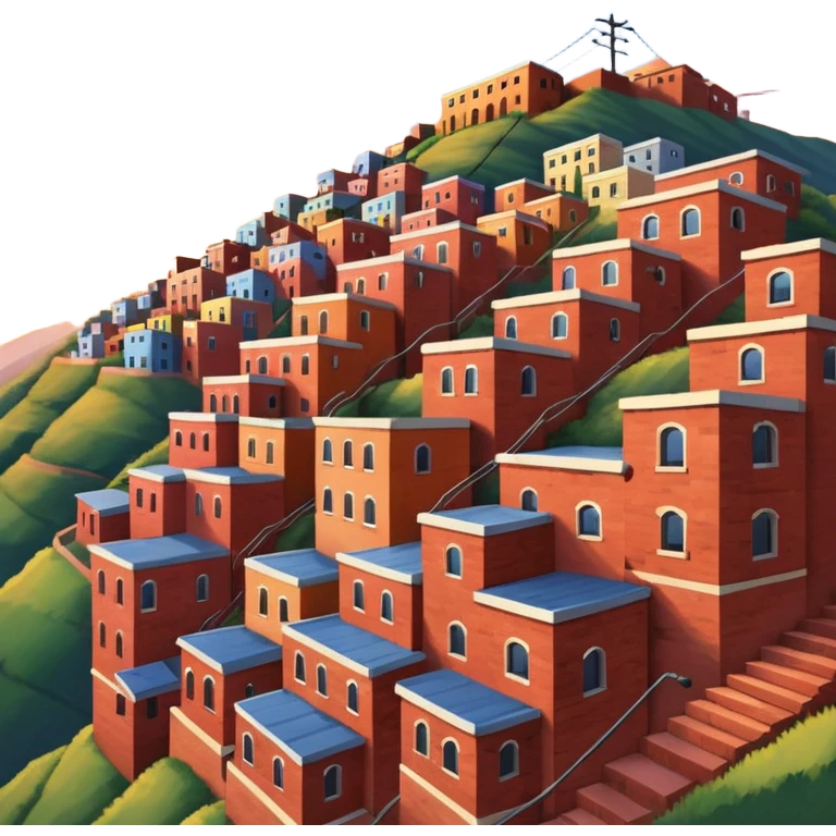 Urban Peruvian hillside neighborhood, brick houses stacked on steep hills, unfinished red brick buildings, colorful painted facades, narrow stairways, electric cables crossing the sky, sunset lighting, realistic style, cinematic, high detail in the desert emoji