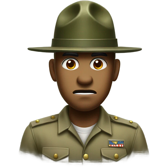 drill sergeant character wearing a classic sergeant hat and a camouflage army shirt. The character should have an angry intense expression. full torso emoji
