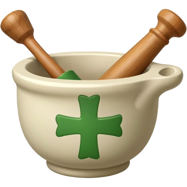 mortar with pestle, with green cross on mortar. only one pestle emoji