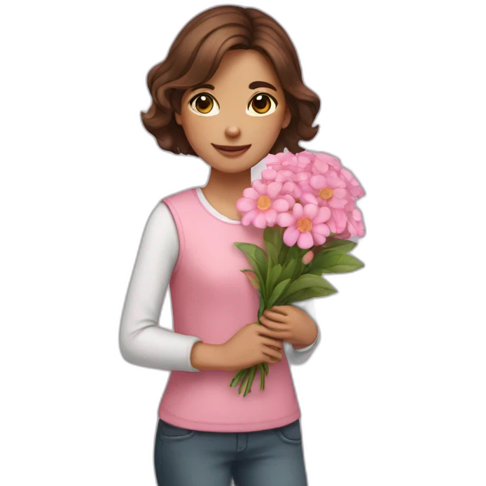A girl with brown hair is holding a bouquet of pink flowers emoji