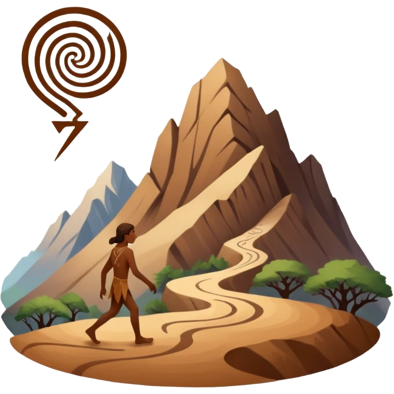 una figura humana sencilla como pintura rupestre caminando hacia una montaña la montaña hecha con líneas curvas primitivas
un animal totémico minimal 
un espiral tipo energía ancestral de fondo 
una mano prehistórica adaptada a ícono
Con una runa moderna inspirada en naturaleza emoji