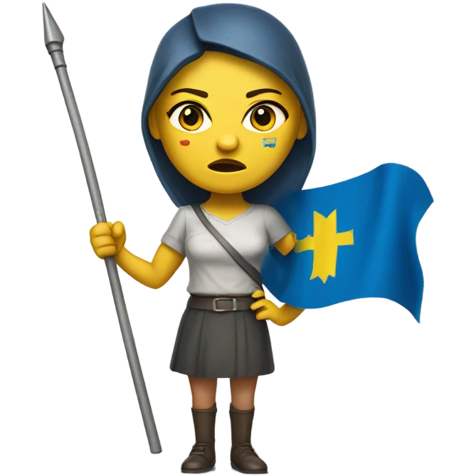 super-realistic angry female Ukrainian holds the ukranian flag emoji