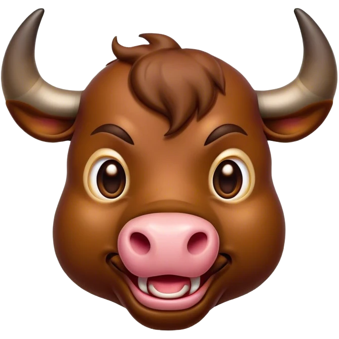 Cinematic Comical Brown Bull Portrait Emoji, Head tilted dramatically with an exaggeratedly amused expression, featuring a striking, glossy brown hide with a bold natural sheen, wide, expressive dark eyes filled with playful disbelief, Simplified yet hilariously expressive features, highly detailed, glowing with a slightly sassy glow, high shine, dramatic yet playful, stylized with an air of cheeky mischief, bright and endearing, soft glowing outline, capturing the essence of a spirited and over-the-top bull, so meme-worthy it feels like it could charge its way into internet fame instantly! emoji