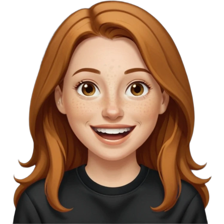A 38 year old white woman with long brunette hair parted in the middle. She has her nose pierced. Her nose is medium sized. She has brown eyes. She has freckles and is wearing a black sweatshirt and is laughing  emoji
