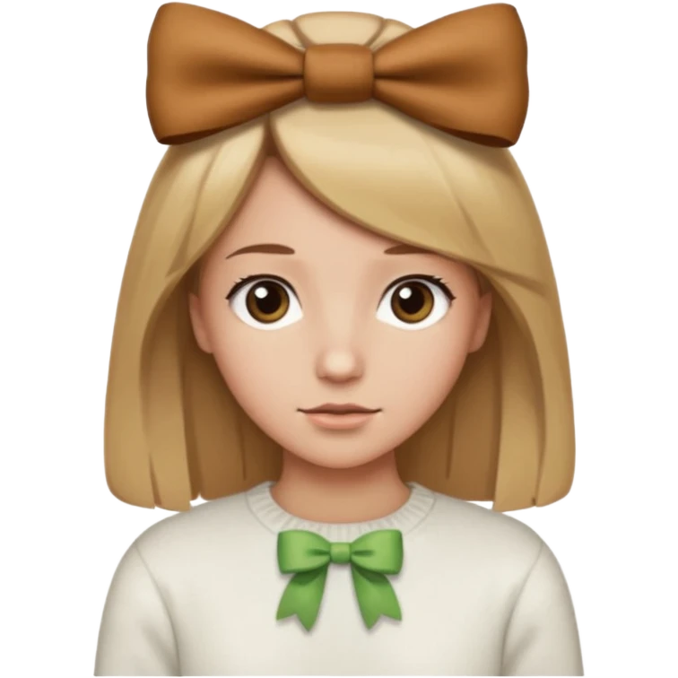 Pelo color marron claro acercándose a el rubio,suéter blanco con un moño marron, piel normal clara,y un mini moñito en la cabeza marron emoji