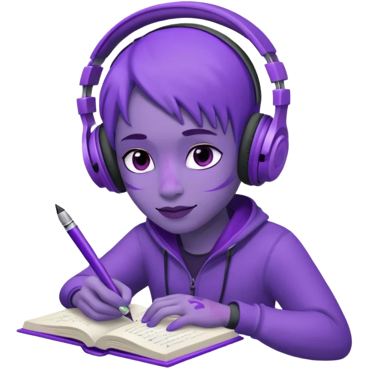 purple open written in journal with purple headphones on top emoji