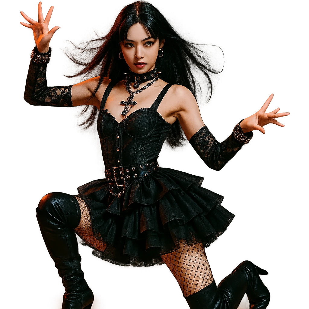 gothic K-pop girl, glamorous gothic performance outfit, bold accessories, dynamic dance pose, dramatic lighting emoji